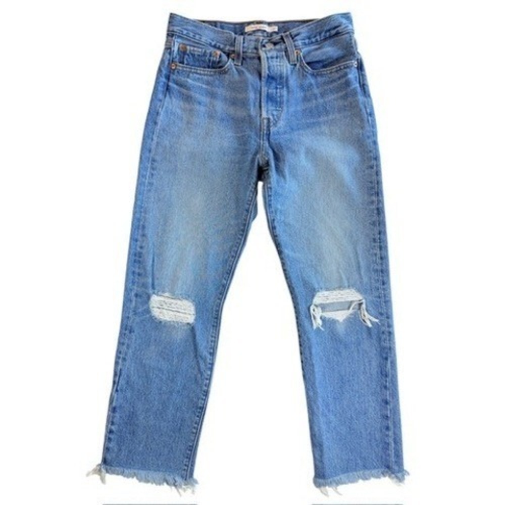 Levi's Wedgie Straight Women 27 Blue Distressed Raw Hem High Rise Jeans